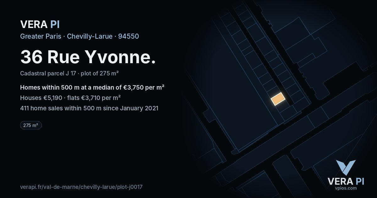 36 Rue Yvonne, Chevilly-Larue at night – the plot lit, the parcels around coloured by the prices near them