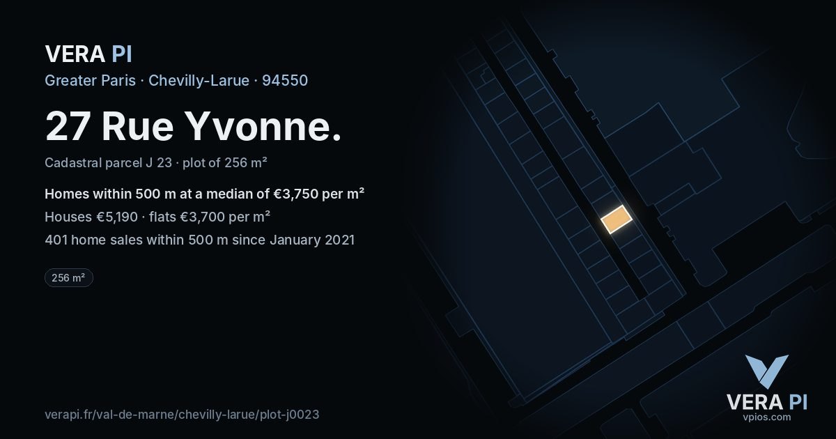 27 Rue Yvonne, Chevilly-Larue at night – the plot lit, the parcels around coloured by the prices near them