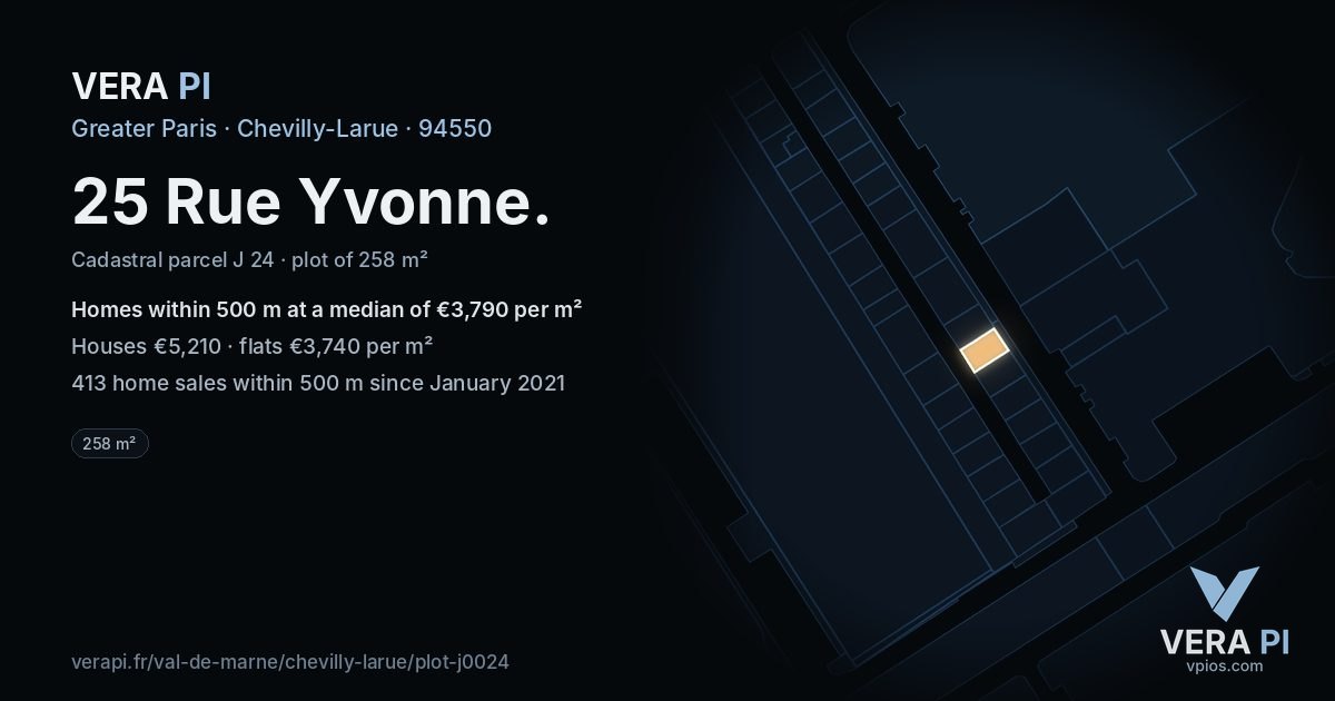 25 Rue Yvonne, Chevilly-Larue at night – the plot lit, the parcels around coloured by the prices near them