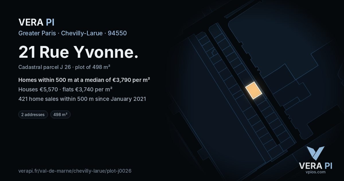 21 Rue Yvonne, Chevilly-Larue at night – the plot lit, the parcels around coloured by the prices near them