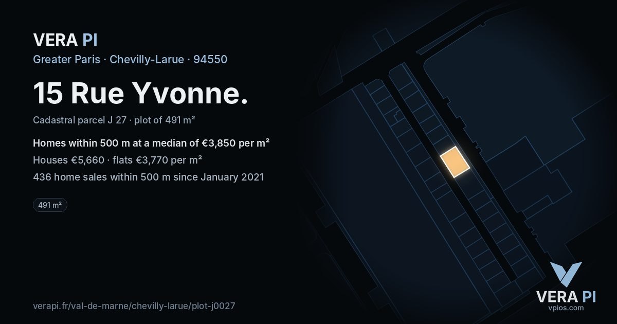 15 Rue Yvonne, Chevilly-Larue at night – the plot lit, the parcels around coloured by the prices near them