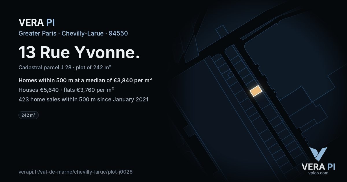 13 Rue Yvonne, Chevilly-Larue at night – the plot lit, the parcels around coloured by the prices near them