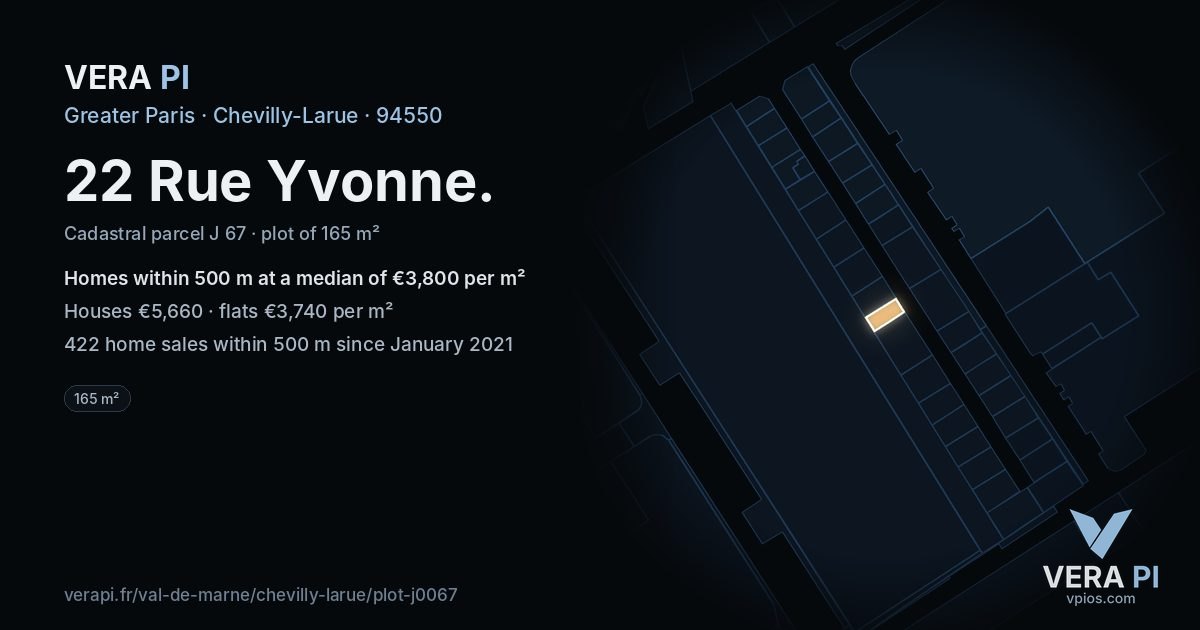 22 Rue Yvonne, Chevilly-Larue at night – the plot lit, the parcels around coloured by the prices near them