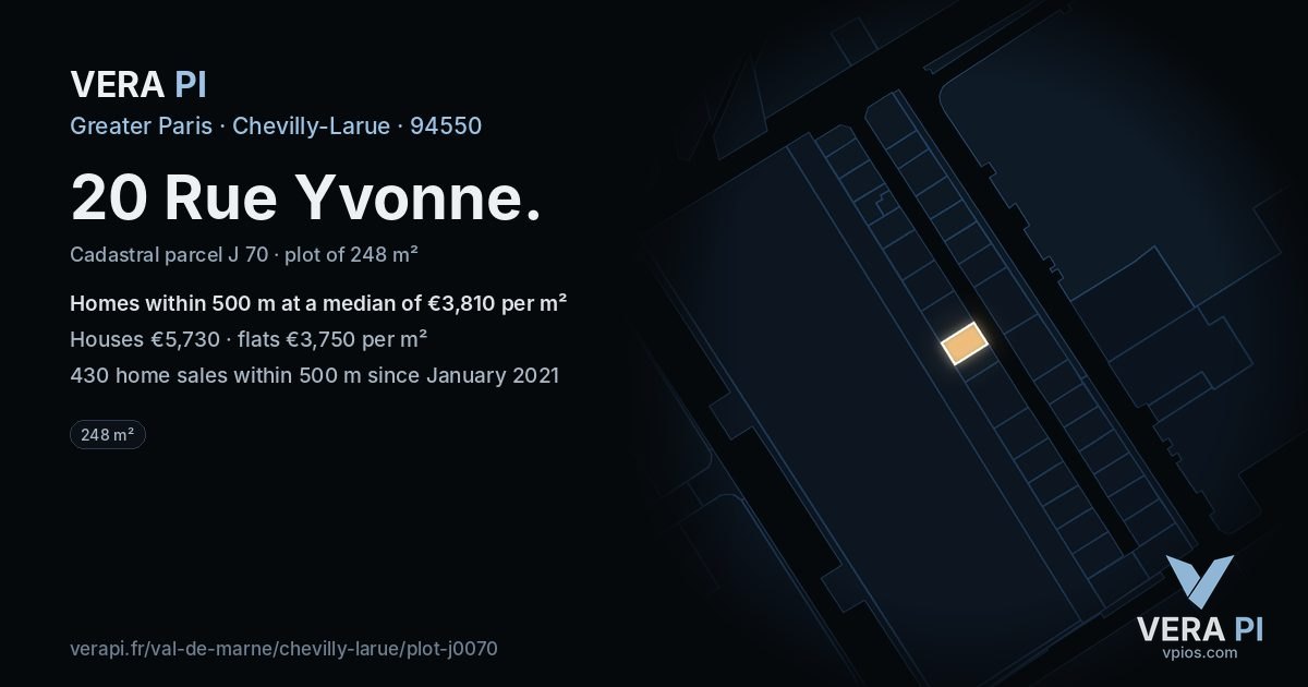 20 Rue Yvonne, Chevilly-Larue at night – the plot lit, the parcels around coloured by the prices near them