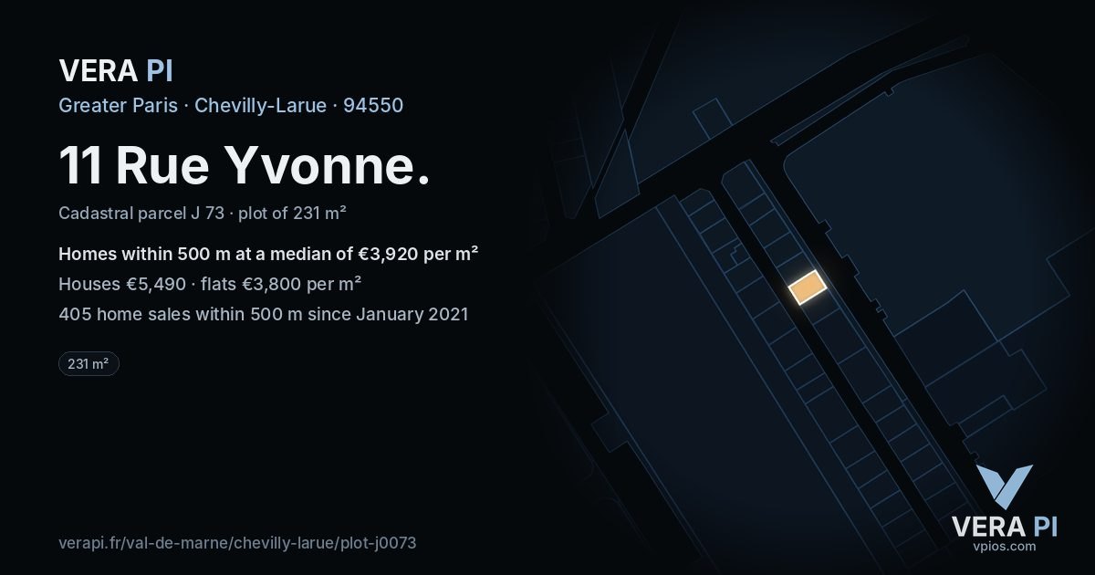 11 Rue Yvonne, Chevilly-Larue at night – the plot lit, the parcels around coloured by the prices near them