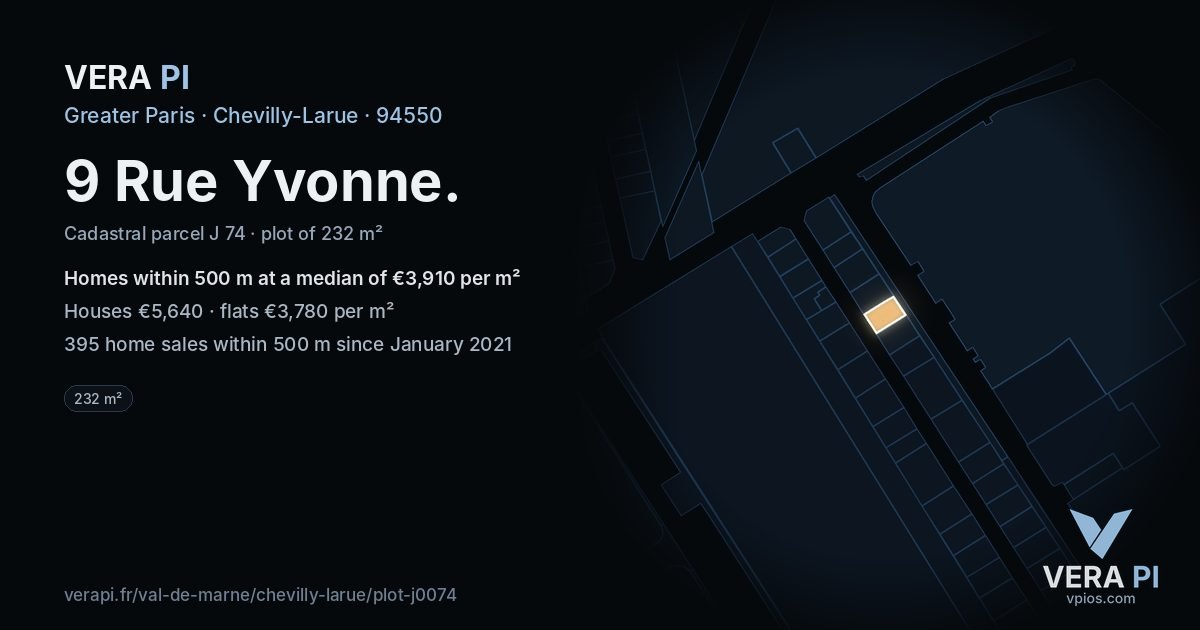 9 Rue Yvonne, Chevilly-Larue at night – the plot lit, the parcels around coloured by the prices near them