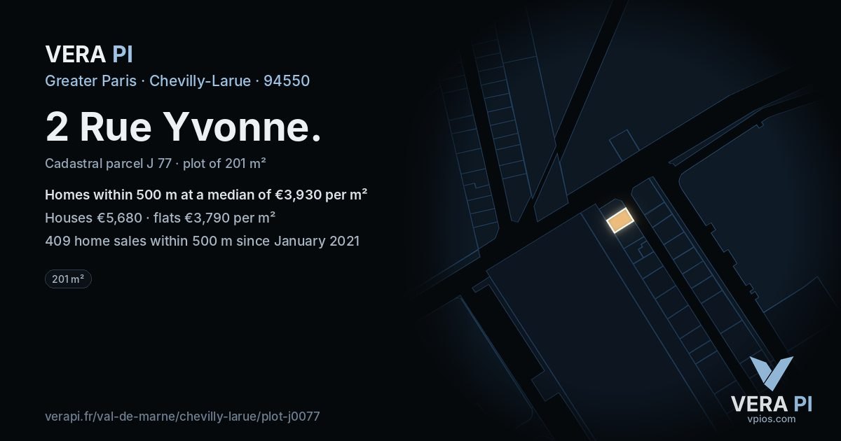 2 Rue Yvonne, Chevilly-Larue at night – the plot lit, the parcels around coloured by the prices near them