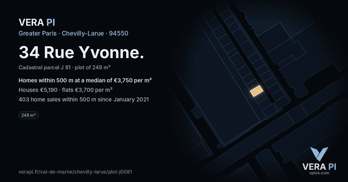 34 Rue Yvonne, Chevilly-Larue at night – the plot lit, the parcels around coloured by the prices near them