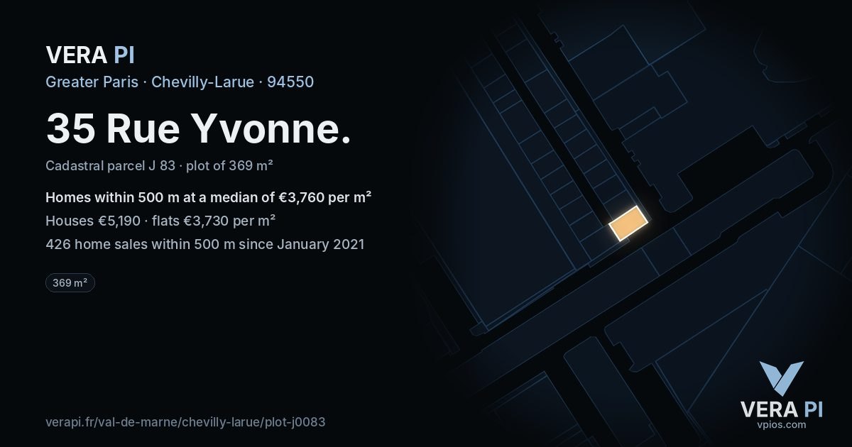 35 Rue Yvonne, Chevilly-Larue at night – the plot lit, the parcels around coloured by the prices near them