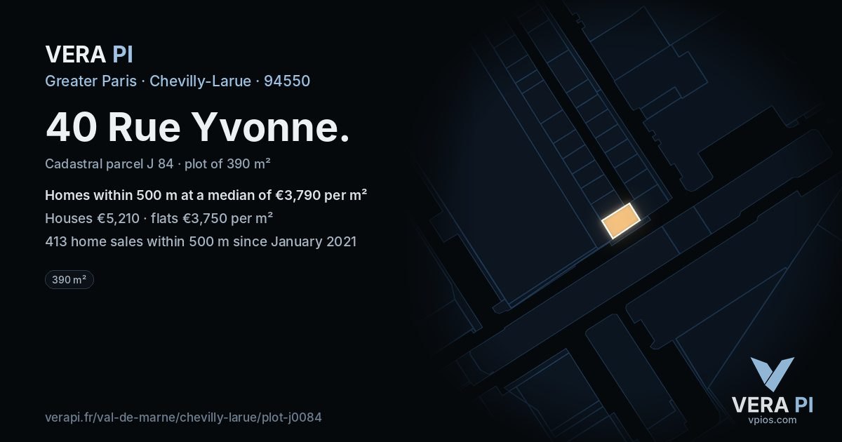 40 Rue Yvonne, Chevilly-Larue at night – the plot lit, the parcels around coloured by the prices near them