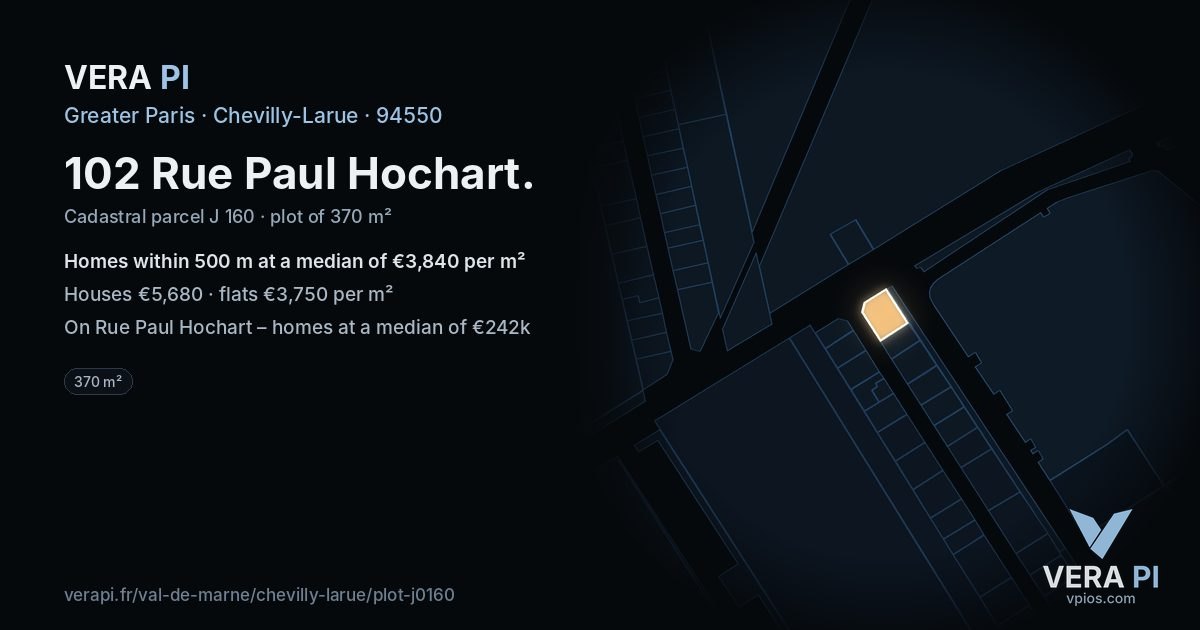 102 Rue Paul Hochart, Chevilly-Larue at night – the plot lit, the parcels around coloured by the prices near them