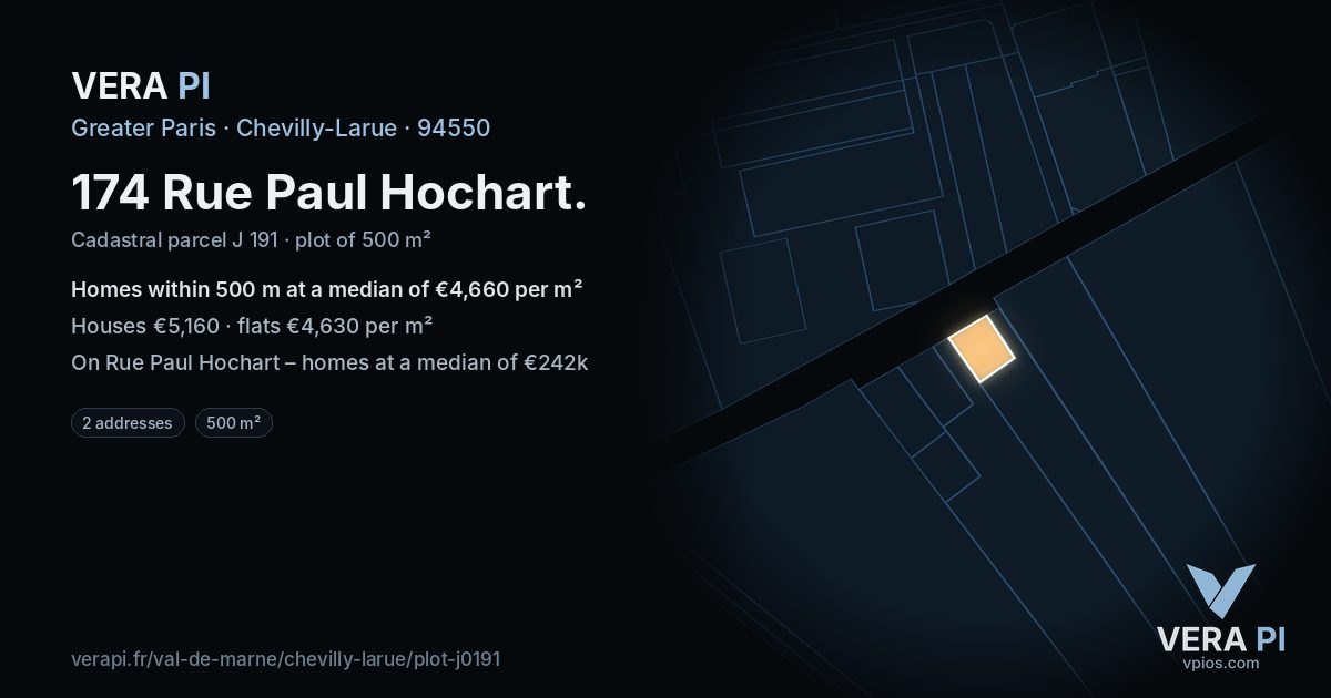 174 Rue Paul Hochart, Chevilly-Larue at night – the plot lit, the parcels around coloured by the prices near them