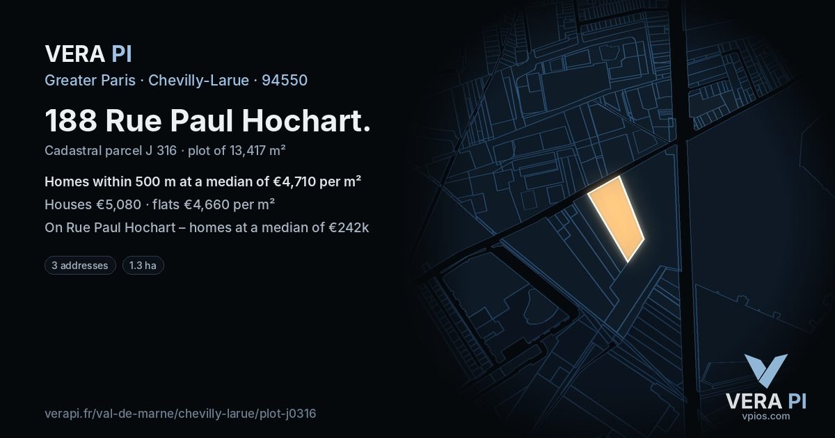 188 Rue Paul Hochart, Chevilly-Larue at night – the plot lit, the parcels around coloured by the prices near them