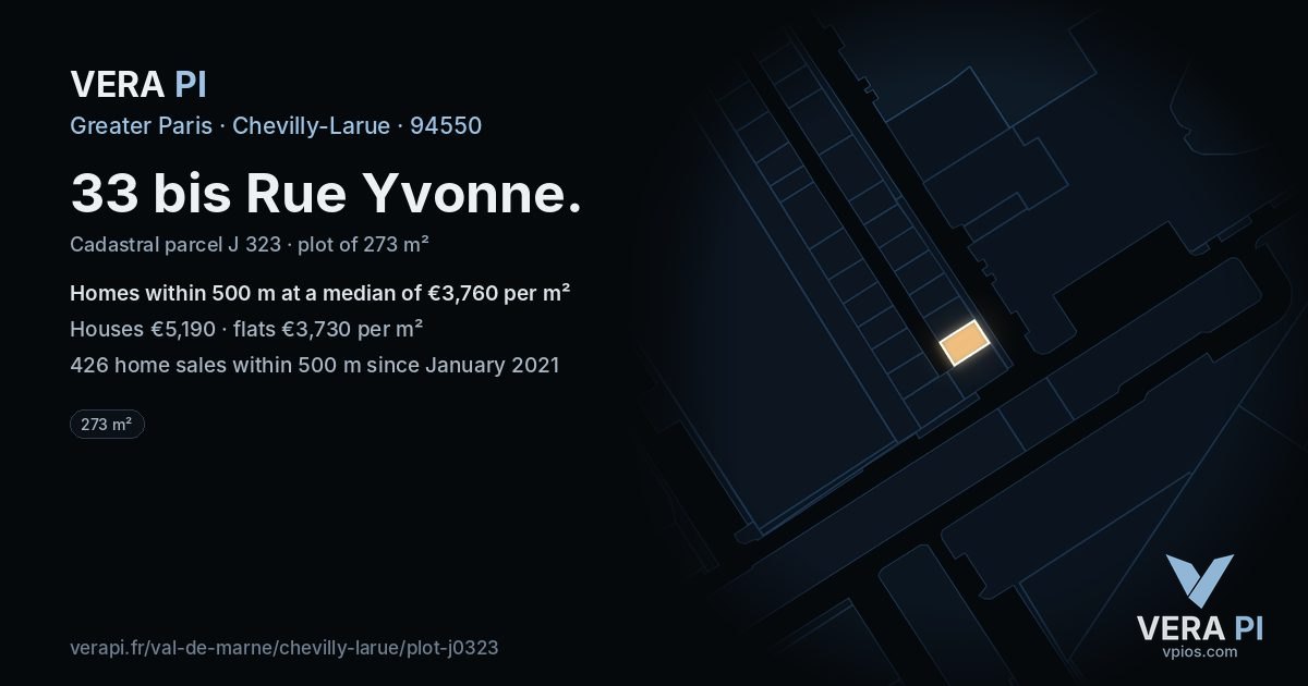 33 bis Rue Yvonne, Chevilly-Larue at night – the plot lit, the parcels around coloured by the prices near them