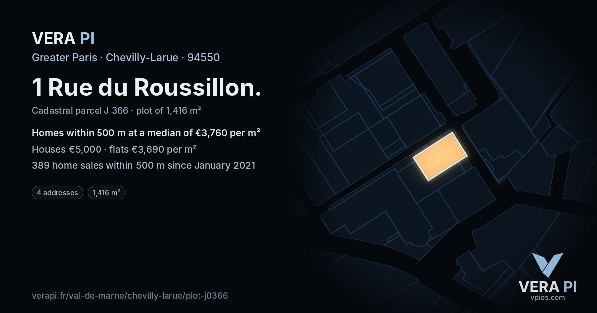 1 Rue du Roussillon, Chevilly-Larue at night – the plot lit, the parcels around coloured by the prices near them