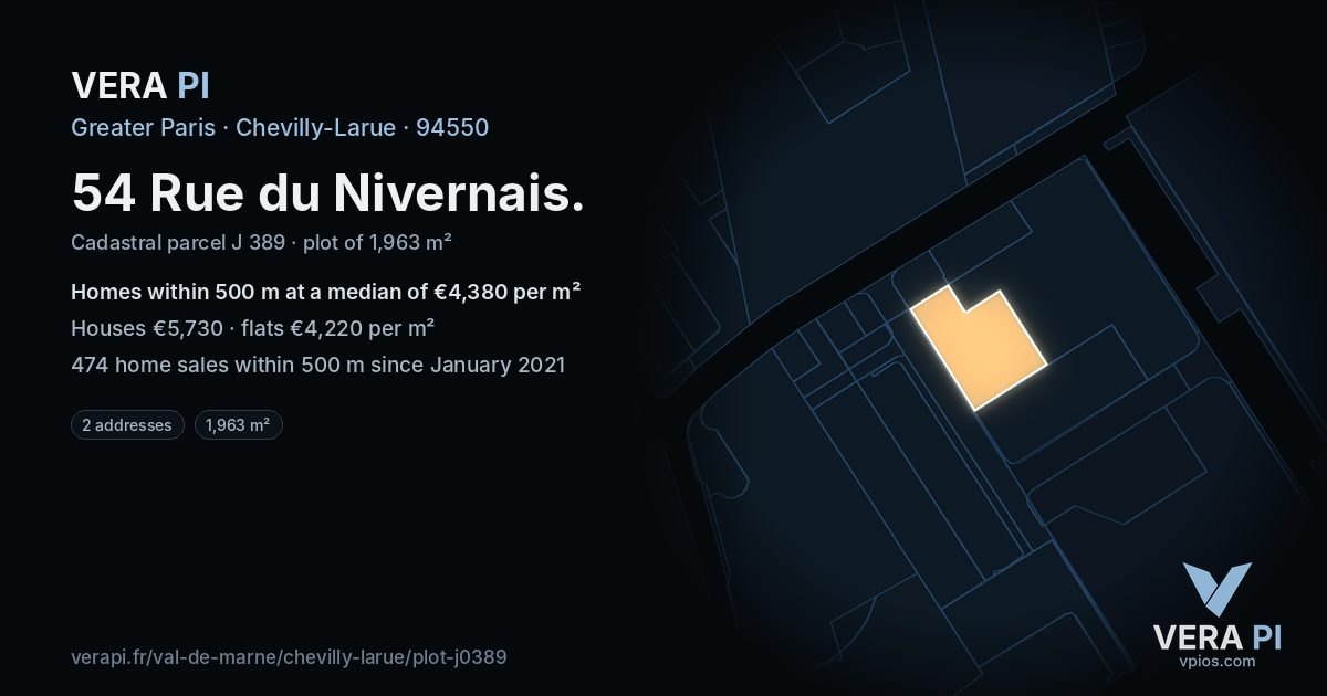 54 Rue du Nivernais, Chevilly-Larue at night – the plot lit, the parcels around coloured by the prices near them