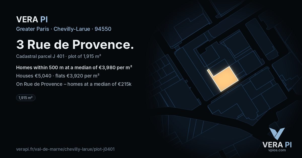 3 Rue de Provence, Chevilly-Larue at night – the plot lit, the parcels around coloured by the prices near them