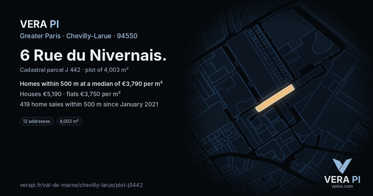 6 Rue du Nivernais, Chevilly-Larue at night – the plot lit, the parcels around coloured by the prices near them