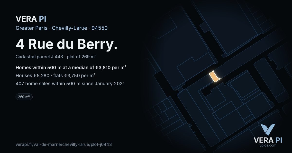 4 Rue du Berry, Chevilly-Larue at night – the plot lit, the parcels around coloured by the prices near them