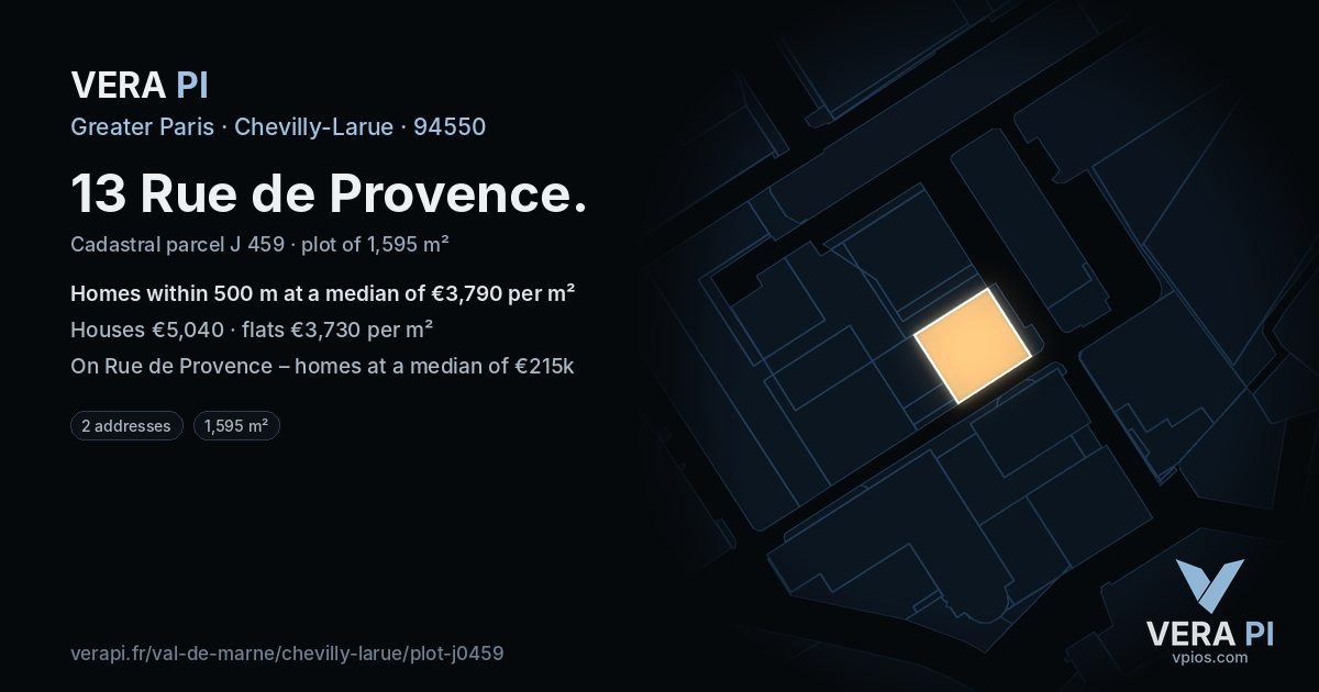 13 Rue de Provence, Chevilly-Larue at night – the plot lit, the parcels around coloured by the prices near them