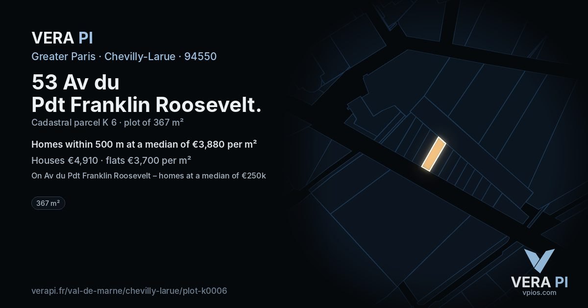 53 Av du Pdt Franklin Roosevelt, Chevilly-Larue at night – the plot lit, the parcels around coloured by the prices near them