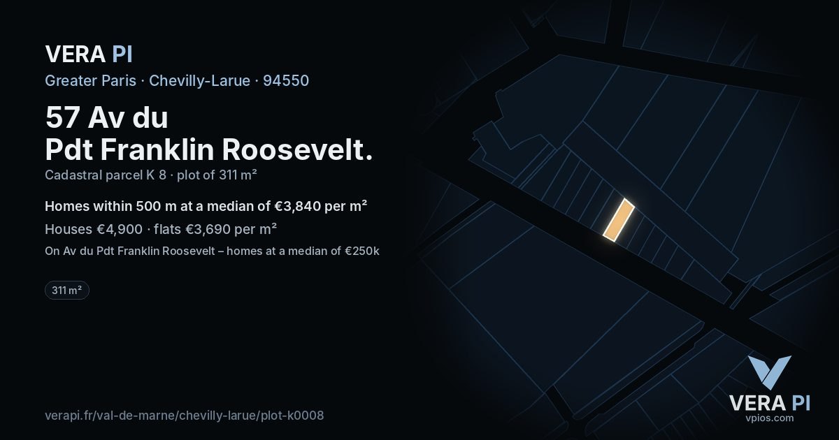 57 Av du Pdt Franklin Roosevelt, Chevilly-Larue at night – the plot lit, the parcels around coloured by the prices near them