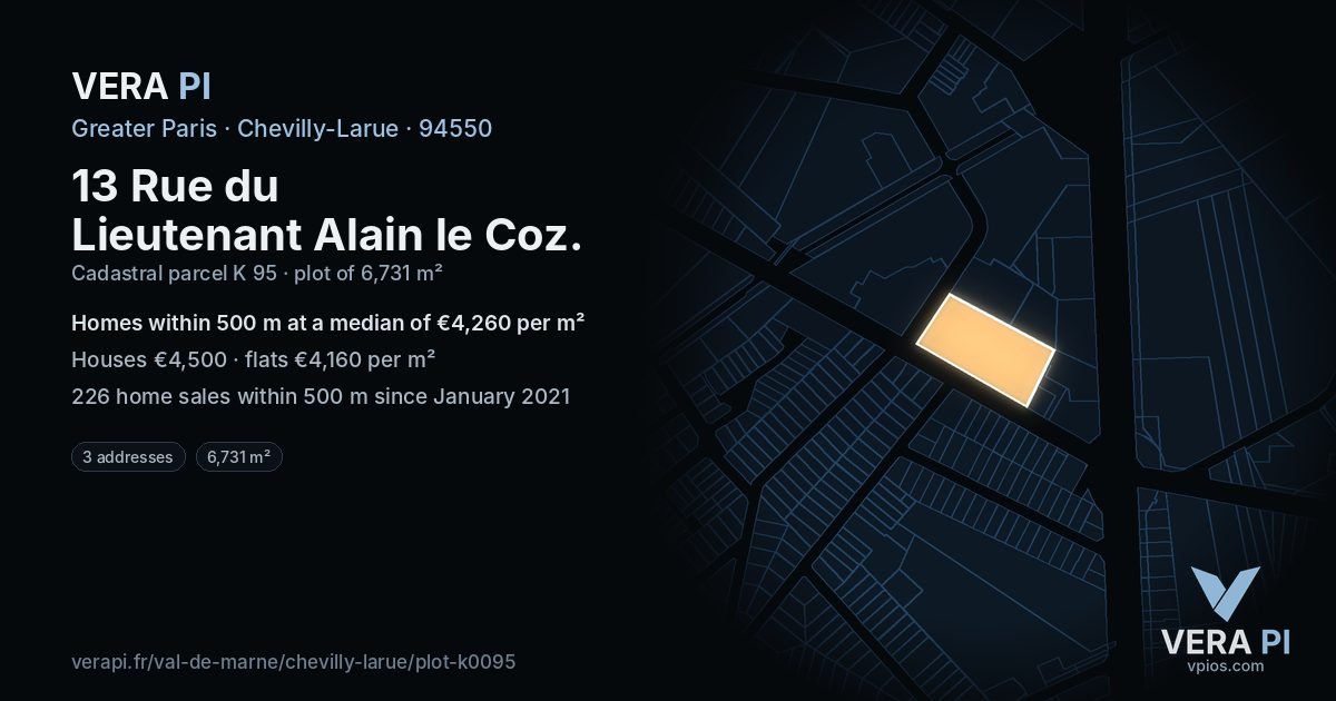 13 Rue du Lieutenant Alain le Coz, Chevilly-Larue at night – the plot lit, the parcels around coloured by the prices near them