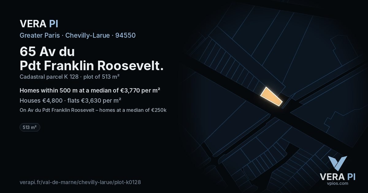 65 Av du Pdt Franklin Roosevelt, Chevilly-Larue at night – the plot lit, the parcels around coloured by the prices near them