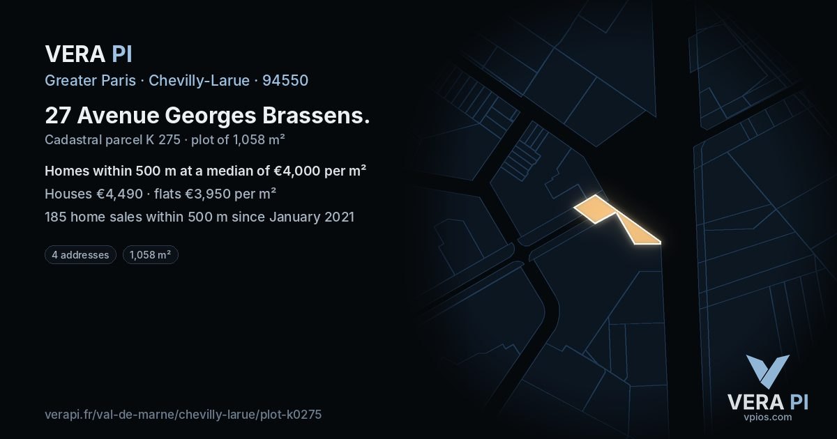 27 Avenue Georges Brassens, Chevilly-Larue at night – the plot lit, the parcels around coloured by the prices near them