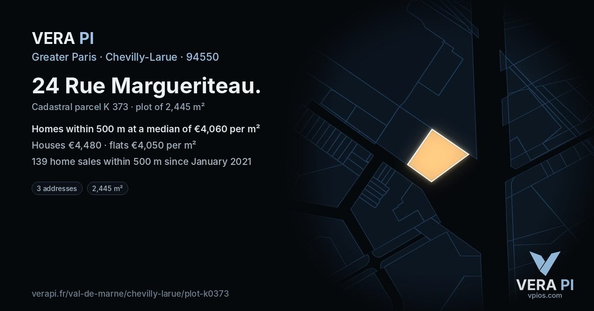 24 Rue Margueriteau, Chevilly-Larue at night – the plot lit, the parcels around coloured by the prices near them