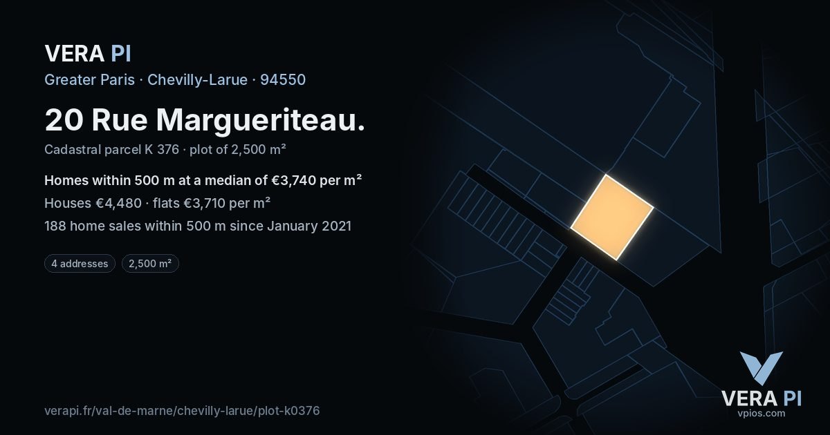 20 Rue Margueriteau, Chevilly-Larue at night – the plot lit, the parcels around coloured by the prices near them