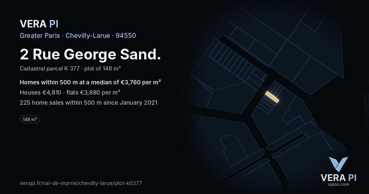 2 Rue George Sand, Chevilly-Larue at night – the plot lit, the parcels around coloured by the prices near them