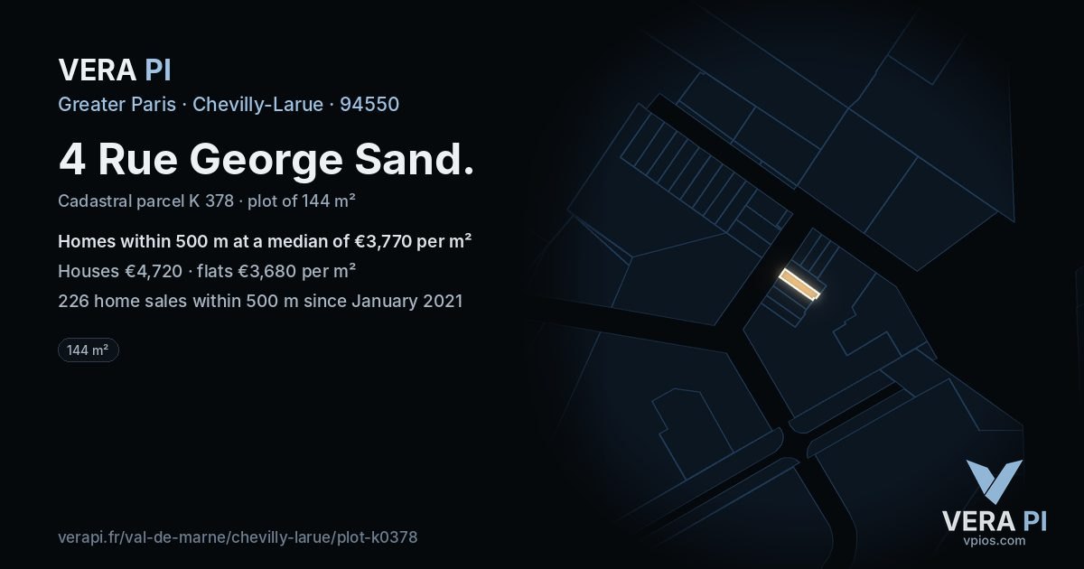 4 Rue George Sand, Chevilly-Larue at night – the plot lit, the parcels around coloured by the prices near them