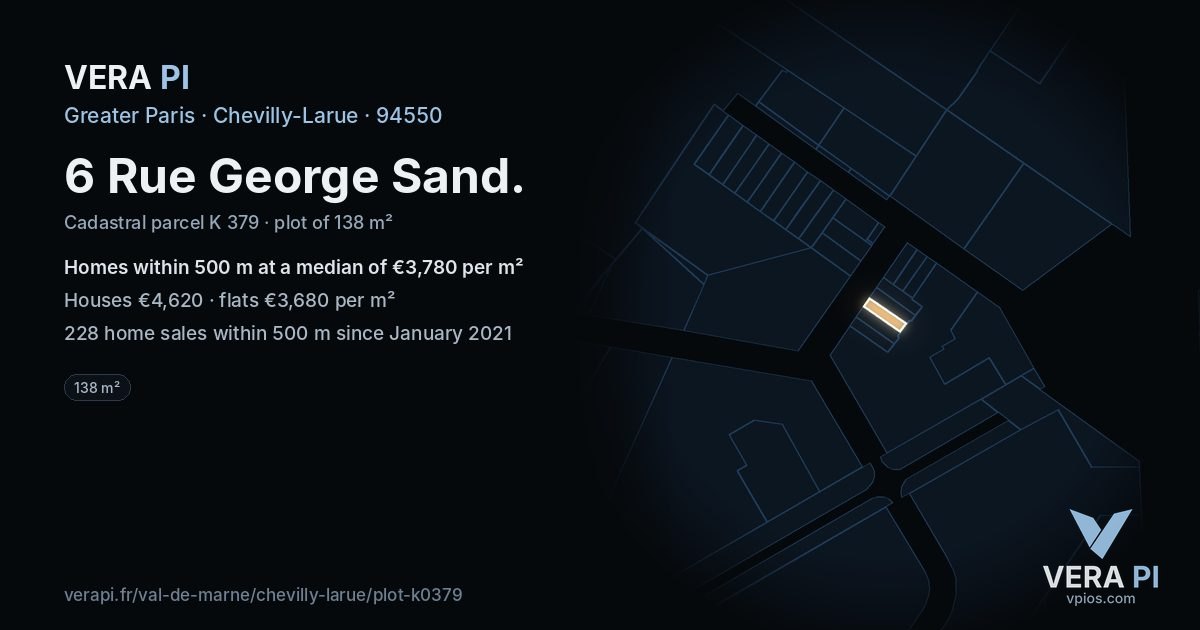 6 Rue George Sand, Chevilly-Larue at night – the plot lit, the parcels around coloured by the prices near them