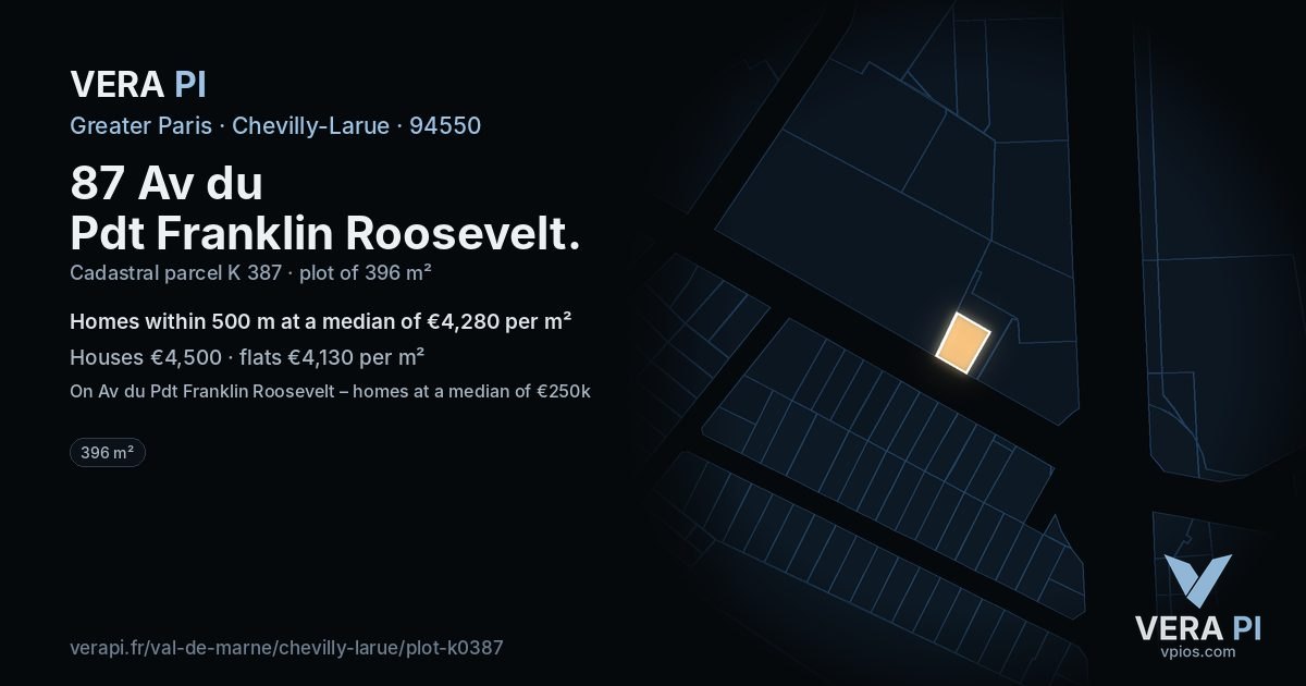 87 Av du Pdt Franklin Roosevelt, Chevilly-Larue at night – the plot lit, the parcels around coloured by the prices near them