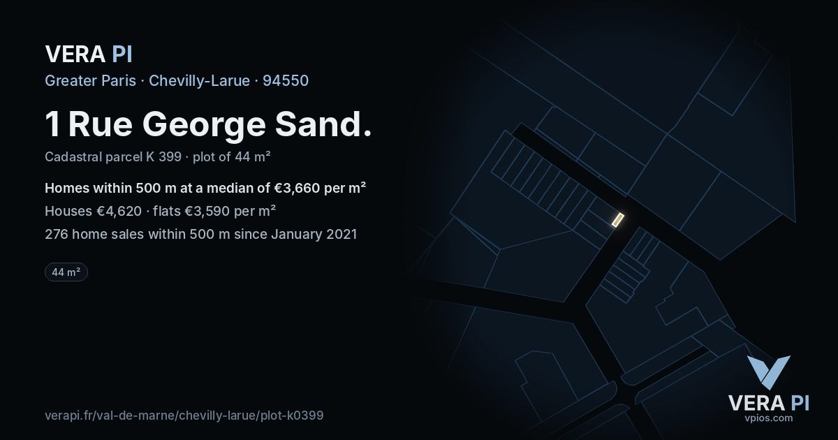 1 Rue George Sand, Chevilly-Larue at night – the plot lit, the parcels around coloured by the prices near them