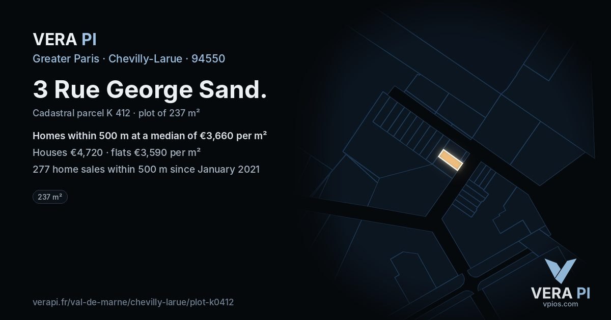 3 Rue George Sand, Chevilly-Larue at night – the plot lit, the parcels around coloured by the prices near them