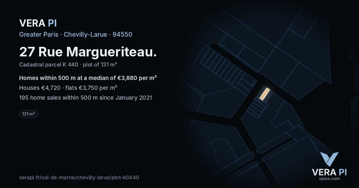 27 Rue Margueriteau, Chevilly-Larue at night – the plot lit, the parcels around coloured by the prices near them
