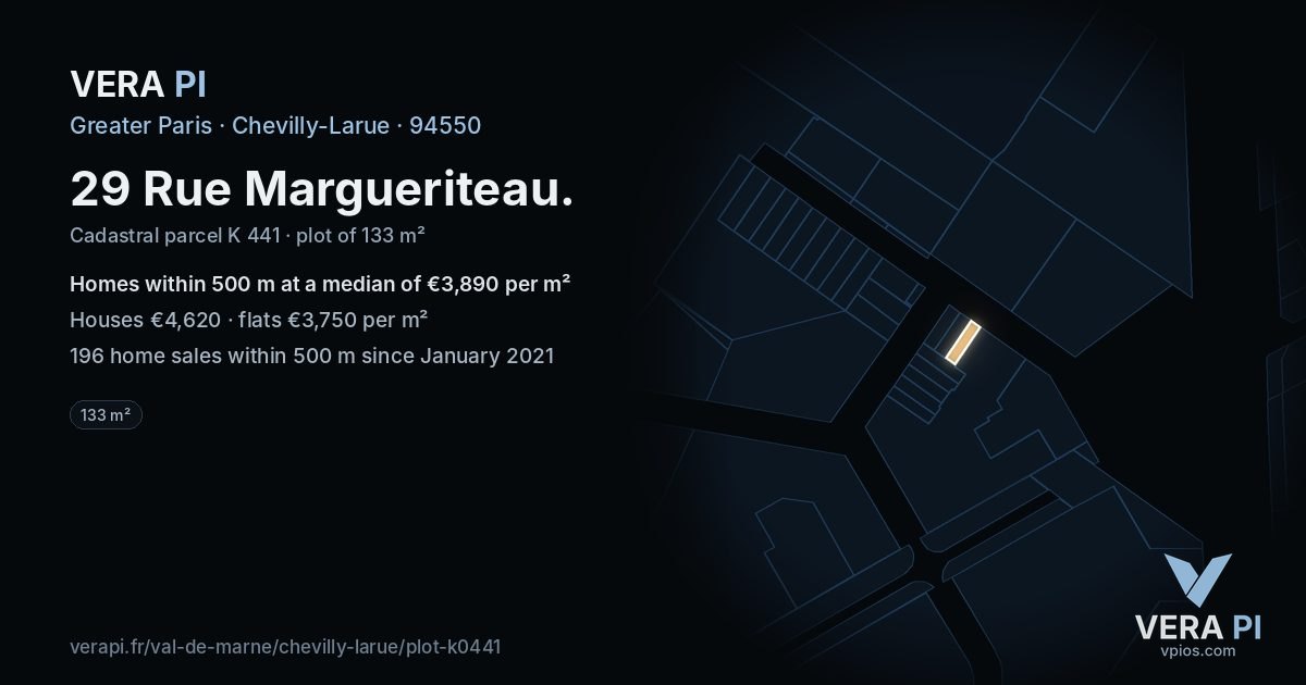 29 Rue Margueriteau, Chevilly-Larue at night – the plot lit, the parcels around coloured by the prices near them