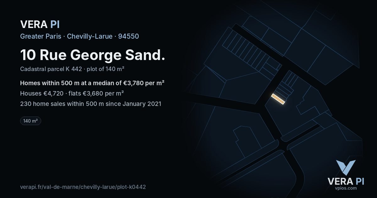 10 Rue George Sand, Chevilly-Larue at night – the plot lit, the parcels around coloured by the prices near them