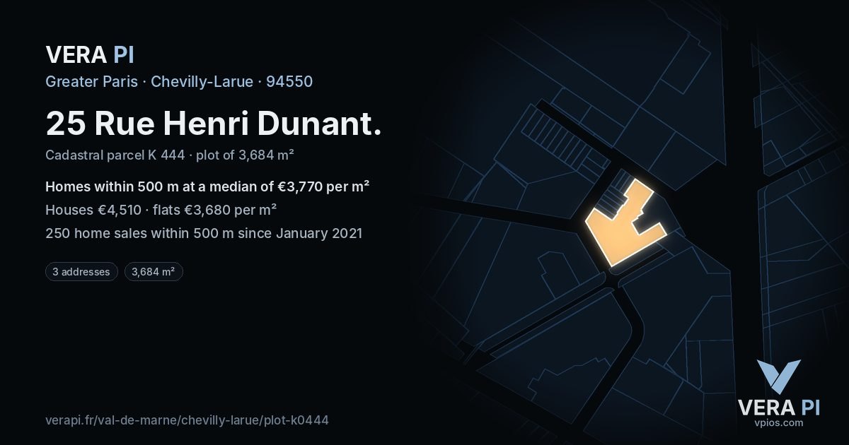 25 Rue Henri Dunant, Chevilly-Larue at night – the plot lit, the parcels around coloured by the prices near them