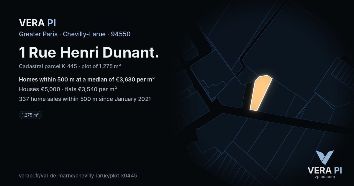1 Rue Henri Dunant, Chevilly-Larue at night – the plot lit, the parcels around coloured by the prices near them