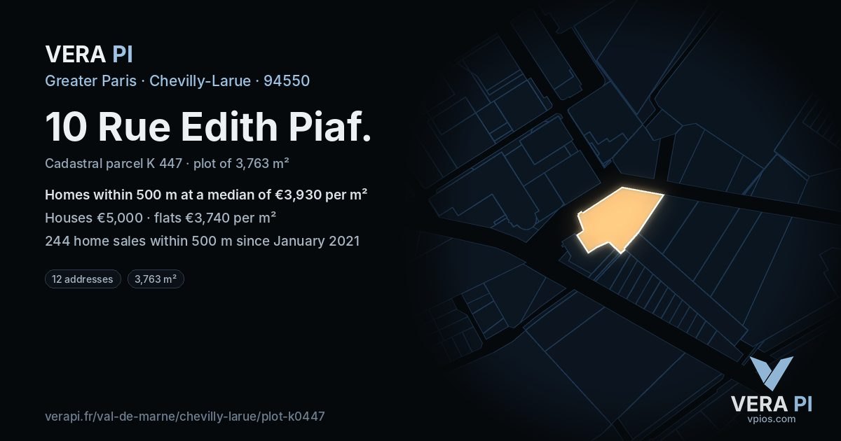 10 Rue Edith Piaf, Chevilly-Larue at night – the plot lit, the parcels around coloured by the prices near them