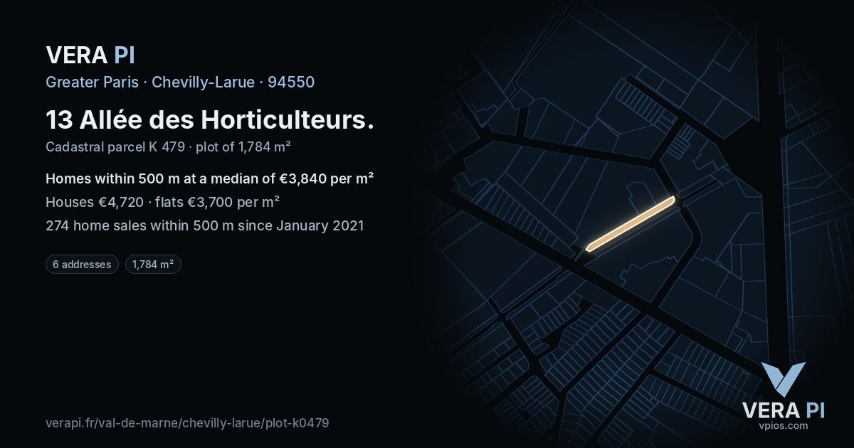 13 Allée des Horticulteurs, Chevilly-Larue at night – the plot lit, the parcels around coloured by the prices near them