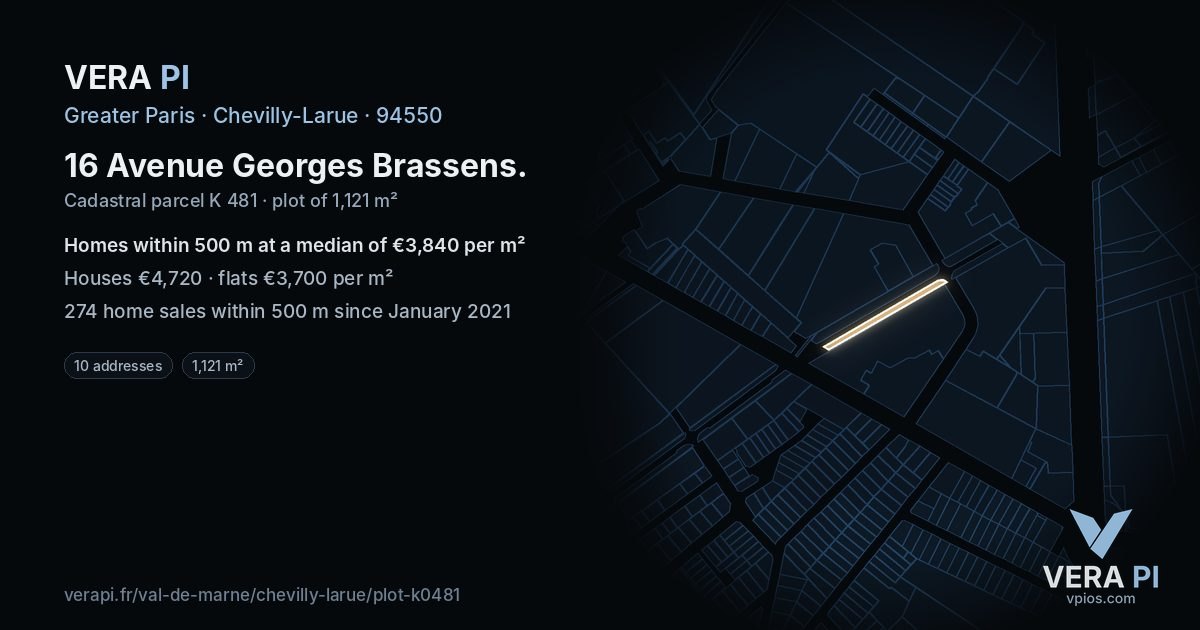 16 Avenue Georges Brassens, Chevilly-Larue at night – the plot lit, the parcels around coloured by the prices near them