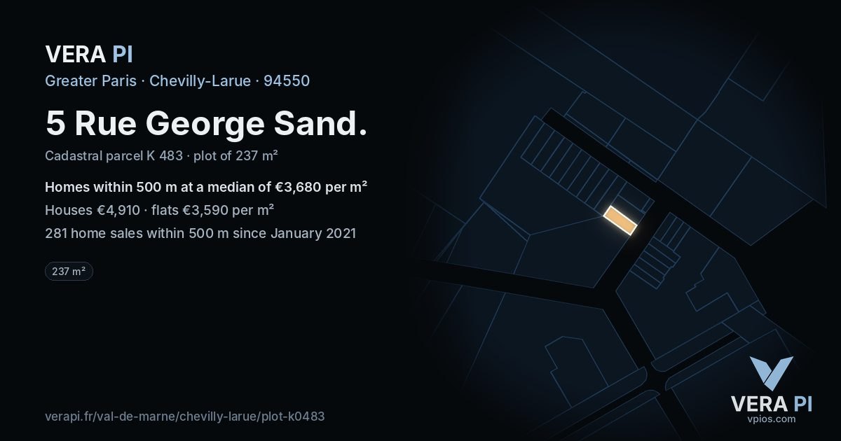5 Rue George Sand, Chevilly-Larue at night – the plot lit, the parcels around coloured by the prices near them