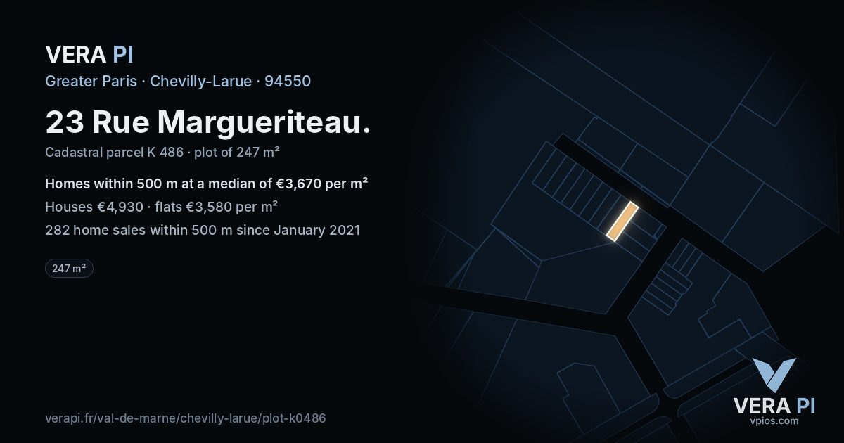 23 Rue Margueriteau, Chevilly-Larue at night – the plot lit, the parcels around coloured by the prices near them