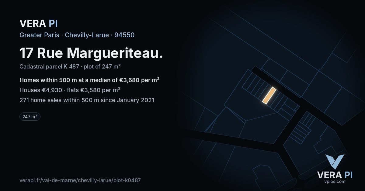 17 Rue Margueriteau, Chevilly-Larue at night – the plot lit, the parcels around coloured by the prices near them