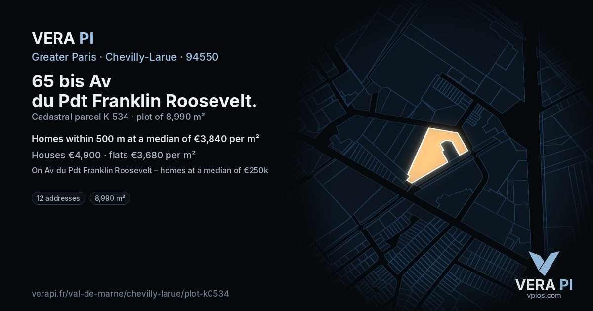 65 bis Av du Pdt Franklin Roosevelt, Chevilly-Larue at night – the plot lit, the parcels around coloured by the prices near them