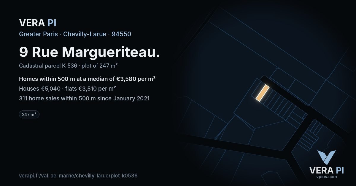 9 Rue Margueriteau, Chevilly-Larue at night – the plot lit, the parcels around coloured by the prices near them